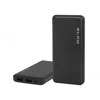 Pārnēsājams ārējais akumulators BLOW PB10A 10000mAh polimēra baterija, 2x USB-A izejas, 22,5W kopējā jauda, Micro‑USB ieeja, melns