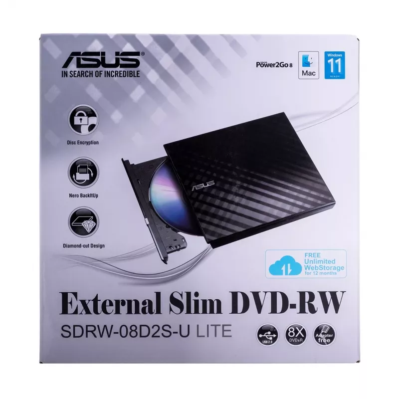 Ārējais DVD±RW optiskais diskdzinis ASUS SDRW-08D2S-U Lite, USB 2.0, melns, 24x CD / 8x DVD, 142×142×20 mm
