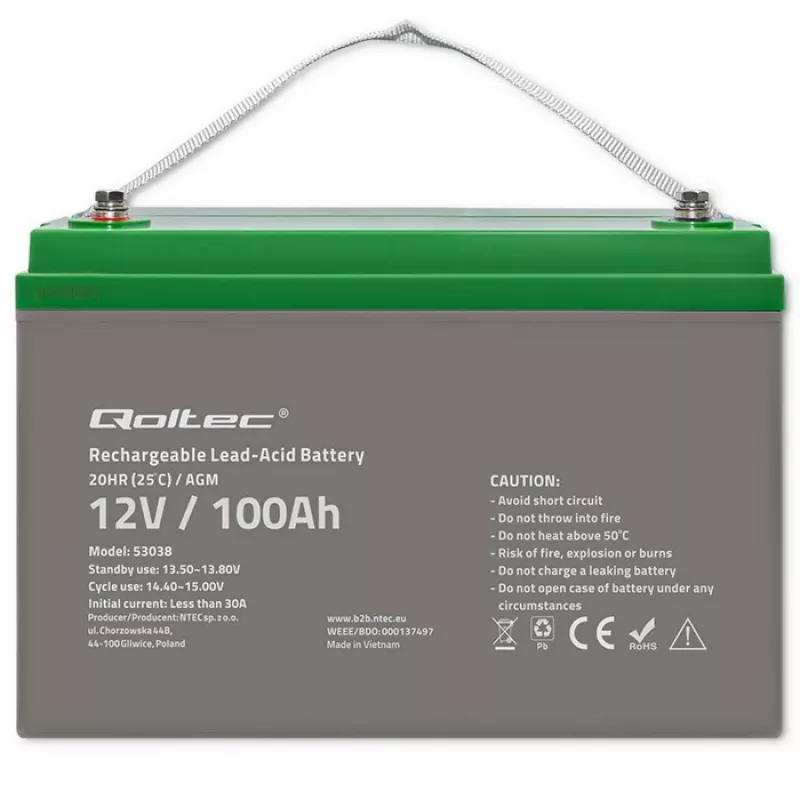 Qoltec 53038 AGM akumulators | 12V | 100Ah | maks. 1200A