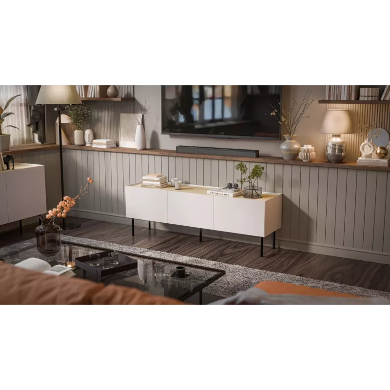 TV skapis Cama Meble FELLINI 150x40x52 cm, kašmira krāsas rāmis, eļļota ozola virsma