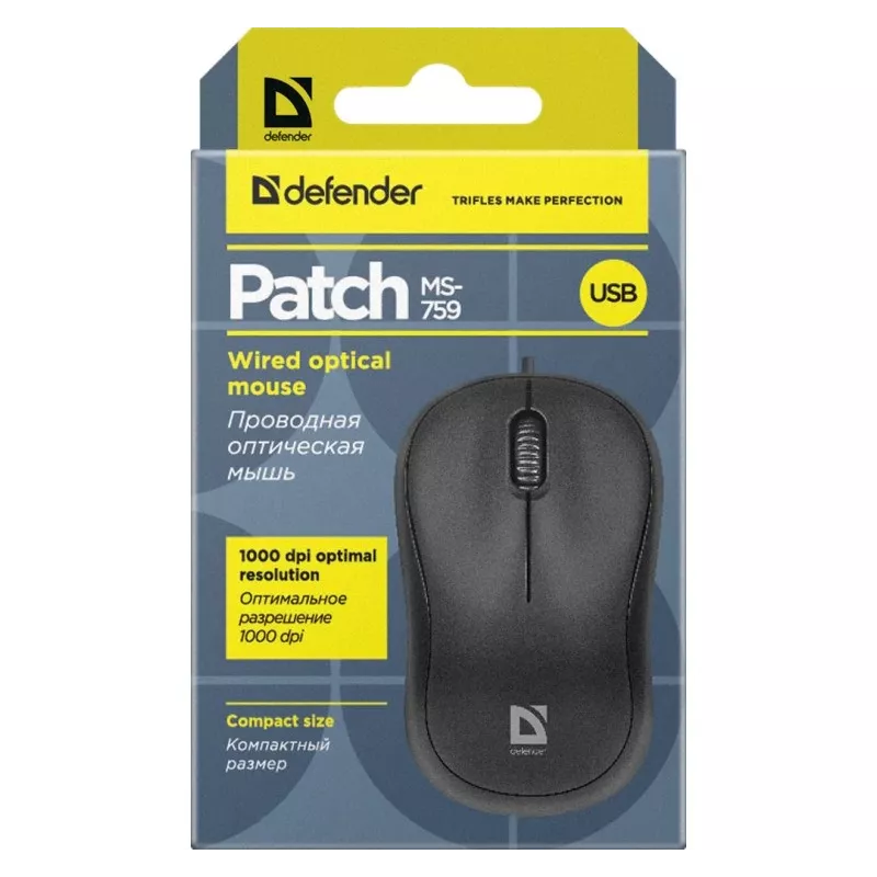 Vadu optiskā pele DEFENDER PATCH MS-759 USB Type-A, abpusēja, 1000 DPI, melna