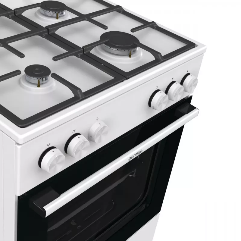 Brīvi stāvoša gāzes plīts Gorenje GG6A10WFFM, balta, 4 degļu plīts virsma, 72 L gāzes cepeškrāsns, rotējošas priekšējās vadības ierīces