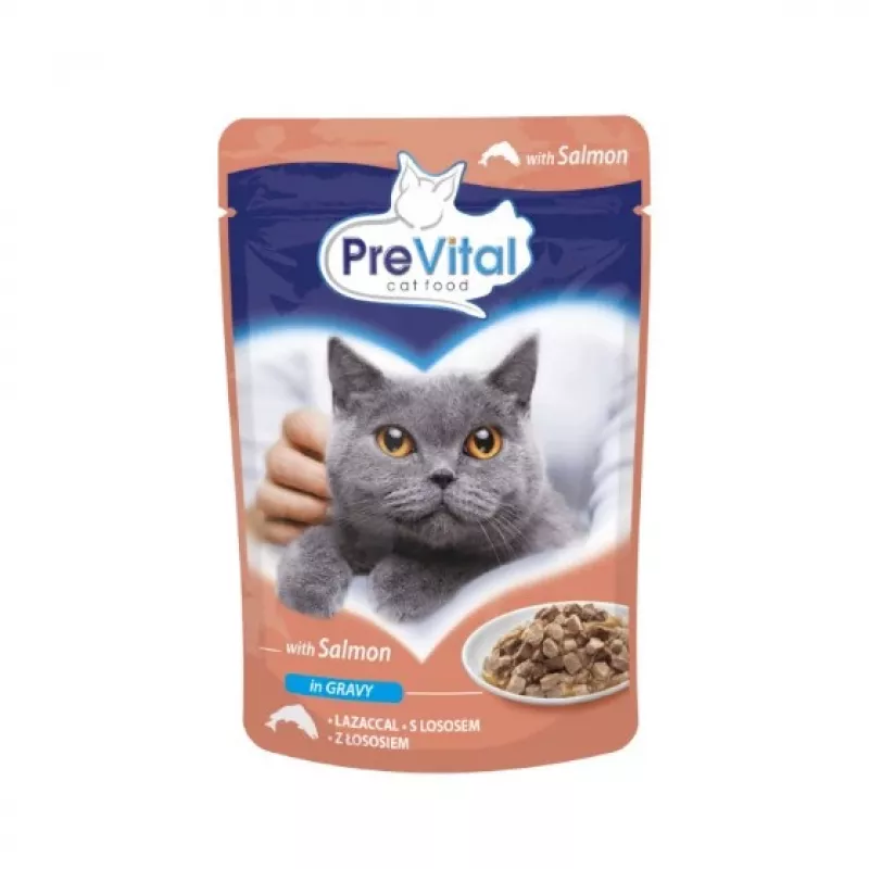 Mitrā kaķu barība PREVITAL Cat Food Mix 4 Flavors — Vistas, teļa gaļas, laša, mājputnu, 96 x 100 g paciņas (9,6 kg, pieaugušiem kaķiem)