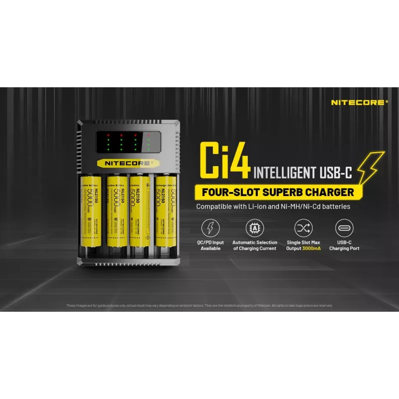 Akumulatora lādētājs Nitecore Ci4 — universāls USB lādētājs litija jonu / NiCd / NiMH akumulatoriem, 5/9/12V ieeja, 3A, plastmasa, 0,1914 kg
