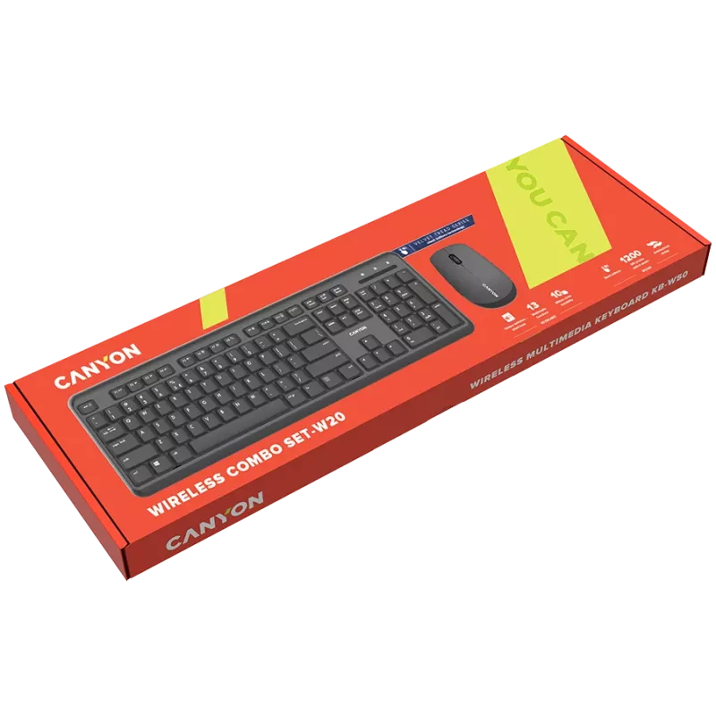 Bezvadu tastatūras un peles komplekts CANYON CNS-HSETW02-UK/US Melns Velvet — kompakts bezvadu komplekts ar USB uztvērēju