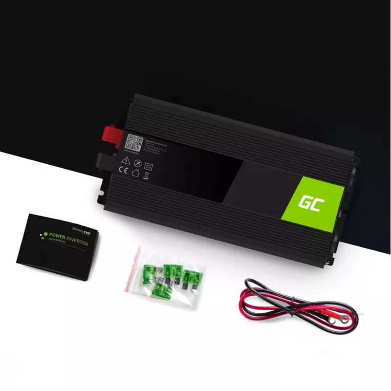 Jaudas pārveidotājs zaļa Cell INV10 2000 W, 12 V līdzstrāva uz 230 V maiņstrāvu, C tipa izeja, 50 Hz, melns