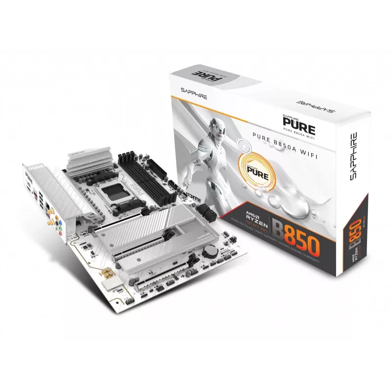 Mātesplate Sapphire PURE B850A WIFI7 ATX — B850 mikroshēmojums, Wi‑Fi 7, DDR4 atbalsts