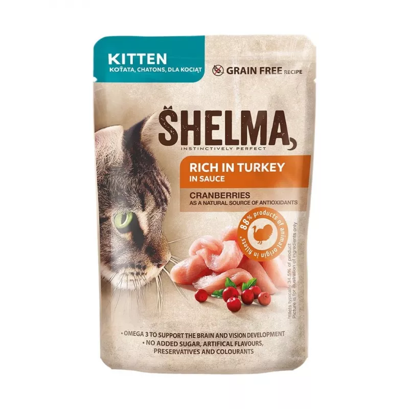 Mitrā kaķu barība SHELMA Kitten lasis & tītars mērcē 4×85 g paciņas, bezgraudu, pilnvērtīga barība