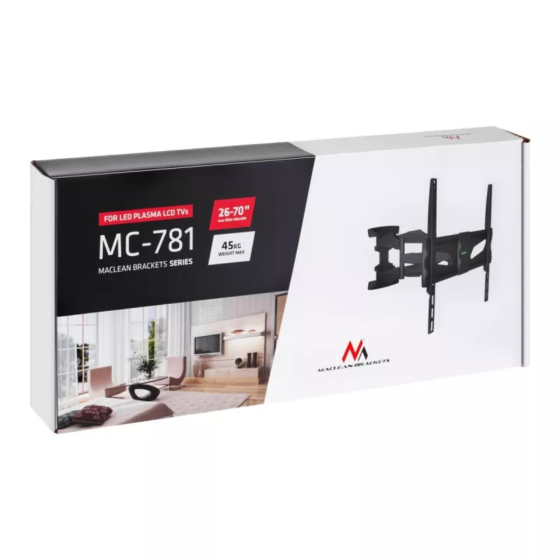 Sienas TV stiprinājums MACLEAN MC-781 ekrāniem no 66 līdz 177,8 cm (26–70 collas), slīpums -12–2°, VESA 100x100–400x400, maks. slodze 45 kg, melns