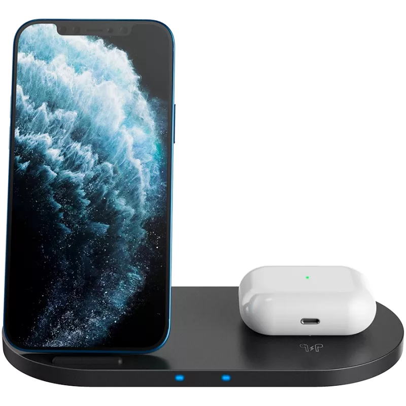Bezvadu lādētāja dokstacija 2in1 QI 10W/USB-C/LED melna