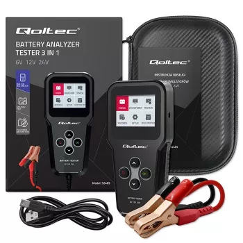 Qoltec 52489 Digitālais akumulatora analizators testētājs 3-in-1 ar LCD un daudzvalodu atbalstu 6V | 12V | 24V | 30Ah-200Ah
