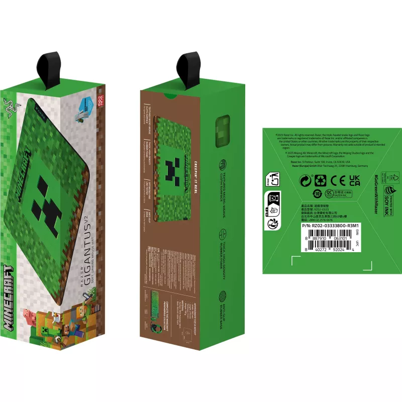 Peles paliktnis Razer Gigantus V2 Medium Minecraft Edition — strukturēta virsma, gumijas pamatne, vidējs izmērs