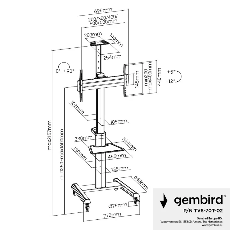 Grīdas TV statīvs Gembird TVS-70T-02 37 collu–70 collu ekrāniem, maks. 70 kg, VESA 200x200–600x400, slīpums ±5°/−12°, regulējams augstums, ritentiņi, kabeļu pārvaldība