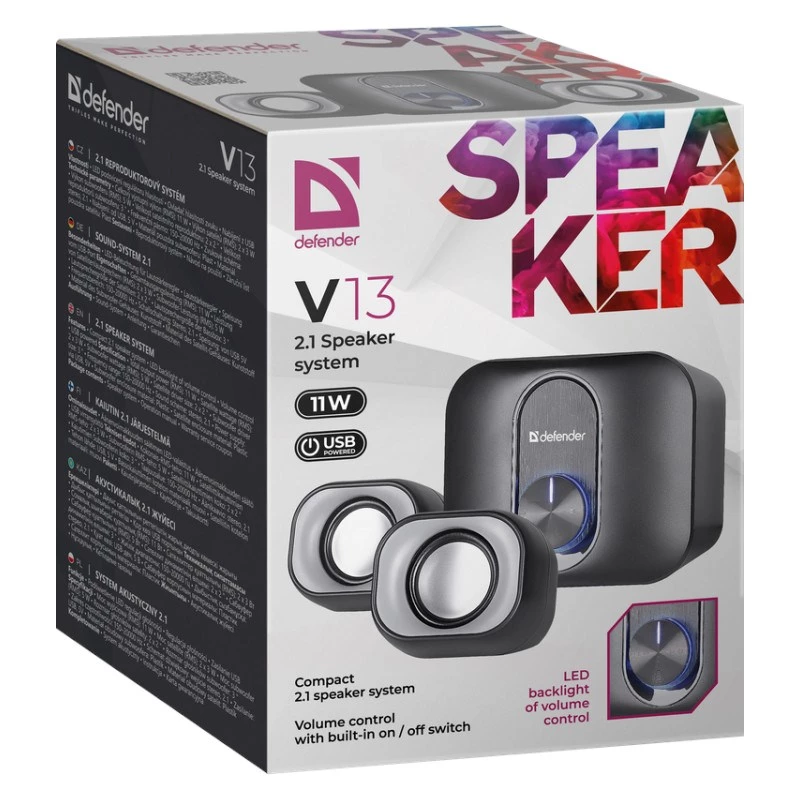 Galda 2.1 skaļruņi DEFENDER V13 — 11W RMS (6 W satelīti, 5 W zemfrekvences skaļrunis), USB barošana, 3,5 mm ieeja, melna