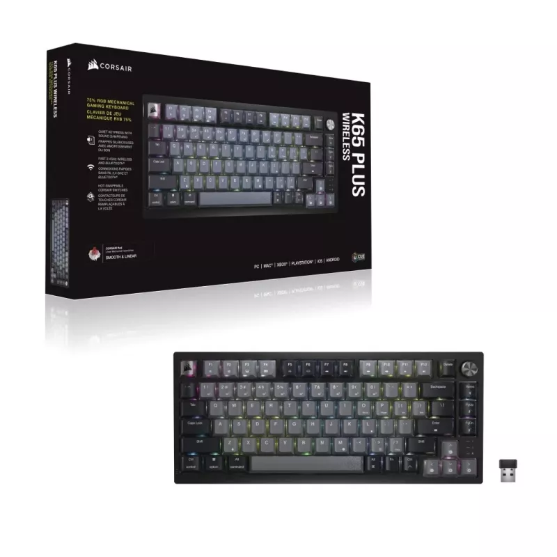 Corsair Gaming K65 Plus Wireless 75% RGB spēļu tastatūra, MLX Sarkans - melna, pelēka