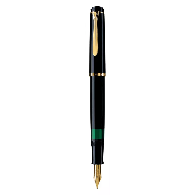 Pelikan M200, melna, zelta, iebūvēta uzpildes sistēma, sveķi, zelta, slīpraksta spalva, zelta, nerūsējošais tērauds