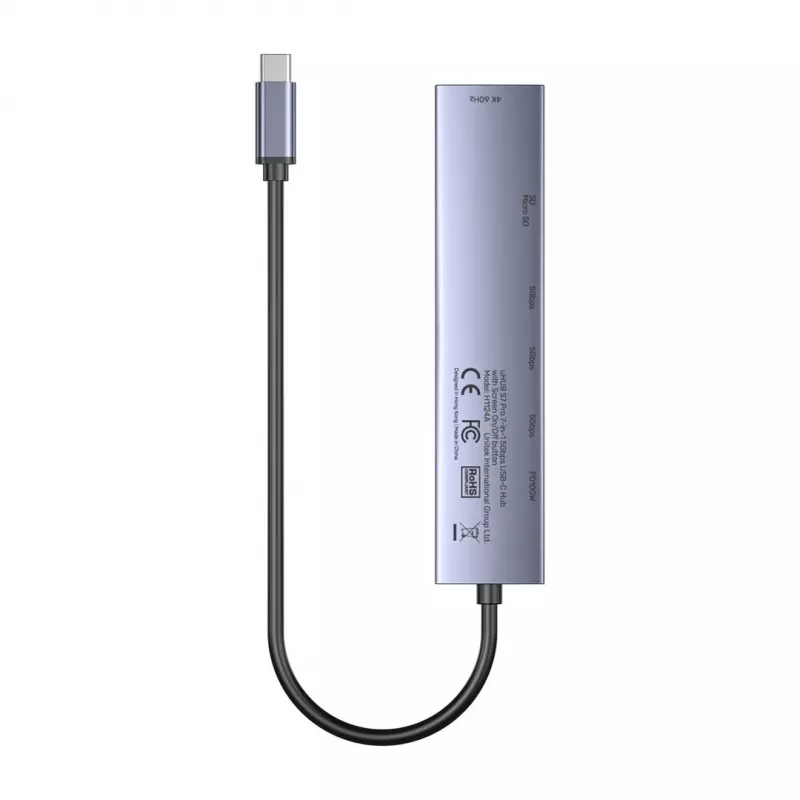 USB-C centrmezgls Unitek H1124AGY01 ar 100W PD, HDMI 2.0, 2x USB‑A, 2x USB‑C, SD/microSD lasītāju — alumīnija