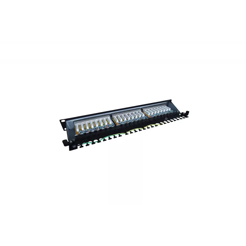 Sadales panelis 19 inch 24 porti, CAT6, S/FTP, 1U, kabeļu atbalsts, melns (komplekts)