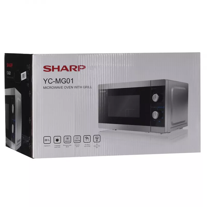 Kombinētā mikroviļņu krāsns Sharp YC-MG01E-S — 20 l, 800 W mikroviļņu, 1000 W grils, 5 jaudas līmeņi, rotējoša vadība, 25,5 cm grozāmā pamatne