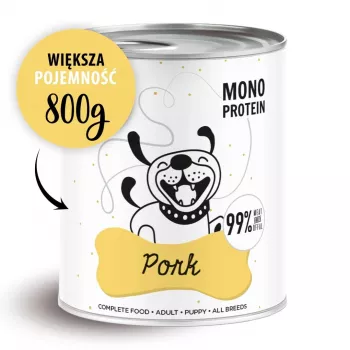 Mitrā suņu barība PAKA ZWIERZAKA Pepe Pork 800 g — pilnvērtīga pieaugušo suņu mitrā barība, 85% mitrums, 8,3% olbaltumvielas, 5,5% tauki