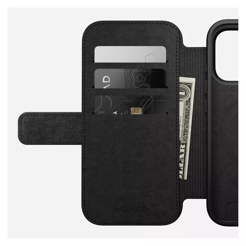 Ādas grāmatiņveida tālruņa vāciņš Nomad Modern Leather Folio iPhone 17 Pro — brūna, der 6,3 collu (16 cm) ekrānam, 4 karšu kabatas