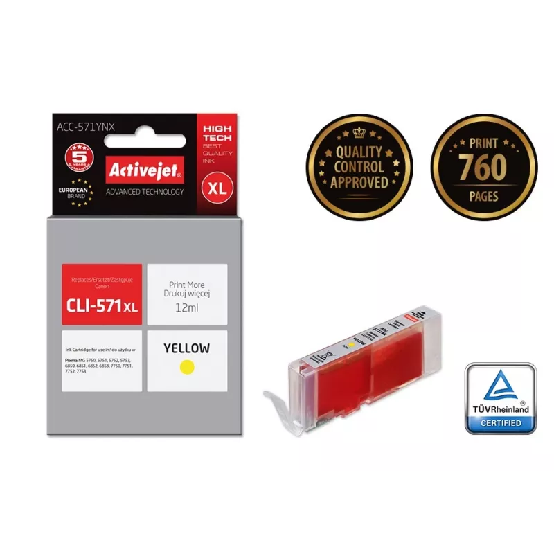 Activejet ACC-571YNX tinte (aizstājējs Canon CLI-571XLY; Supreme; 12 ml; dzeltena)