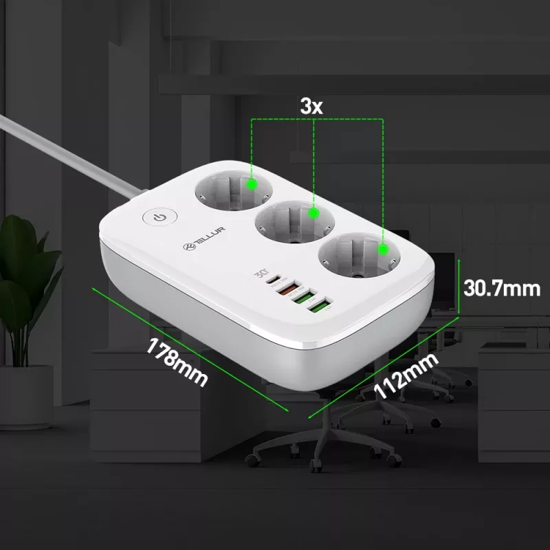 Strāvas sadalītājs Tellur TLL331521 viedais WiFi strāvas sadalītājs ar 3 rozetēm, PD 30W, QC 18W