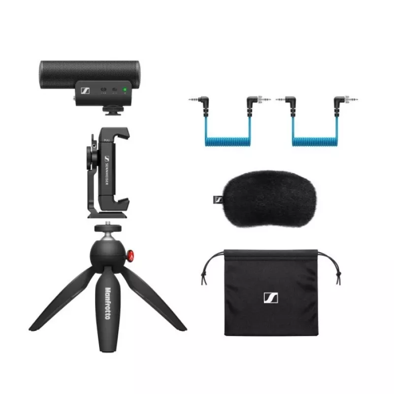 Sennheiser MKE 400 Mobile Kit - kondensatora, superkardioīds mikrofons ar zemas caurlaidības filtru ar Manfrotto statīvu