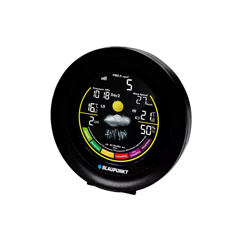BLAUPUNKT WS35BK APP laika stacija — LCD displejs, temperatūra un mitrums, modinātājs, kalendārs, lietotnes savienojamība, 94×94×27 mm