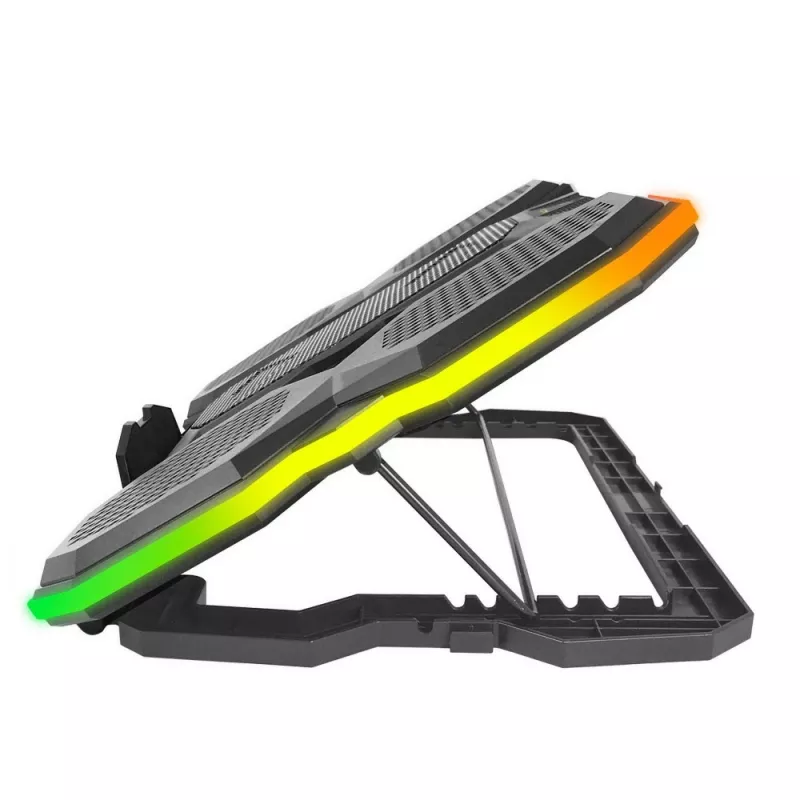 Portatīvā datora dzesēšanas paliktnis ESPERANZA EGC107 — 3 ventilatori 1200–2600 RPM, 390×255×38 mm, USB PD, RGB, 5 augstuma pozīcijas, melns
