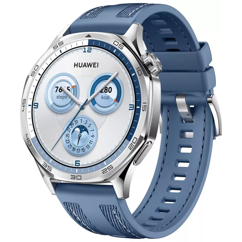 Viedpulkstenis HUAWEI WATCH GT5 46mm — 1,43 collu AMOLED, GPS, 524 mAh, nerūsējošā tērauda korpuss, zila austa siksniņa