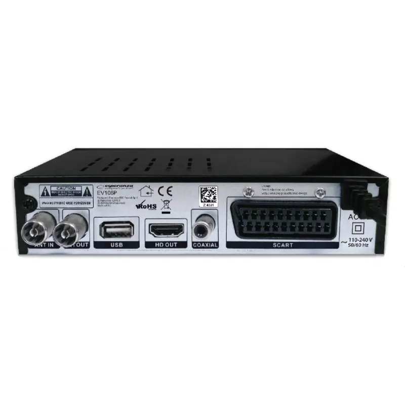 TV uztvērēja pierīce ESPERANZA EV106R kabeļu uztvērējs DVB-T2 / DVB-C HEVC H.265, HDMI, USB, PVR, Dolby Digital, 174–790 MHz, melna