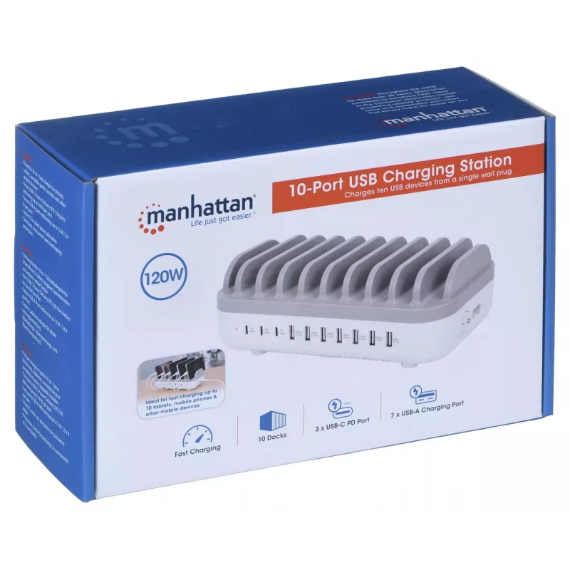 Manhattan Charging Station, 10x Ports: 3x USB-C (up to 18W PD) and 7x USB-A (up to 12W), 120W Total Output, balta/pelēka, Three Year Warranty