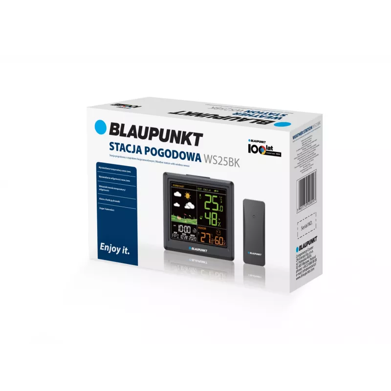 Laika stacija BLAUPUNKT WS25BK — iekštelpu/āra temperatūras un mitruma monitors, melna, 1 sensors, LCD displejs