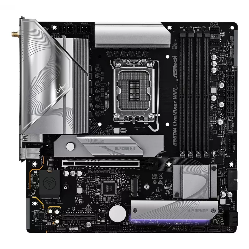 Mātesplate ASRock B860M LiveMixer WiFi — Intel B860, LGA 1851, micro ATX, DDR5, 4x DIMM, Wi‑Fi 6E, 2.5Gb LAN