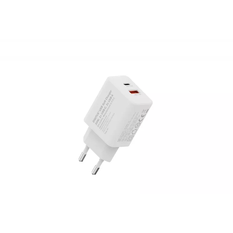 AC iekštelpu USB GaN lādētājs DIGITUS DA-10301 — 30W, 1× USB-C, 1× USB-A, 100–240V, balts