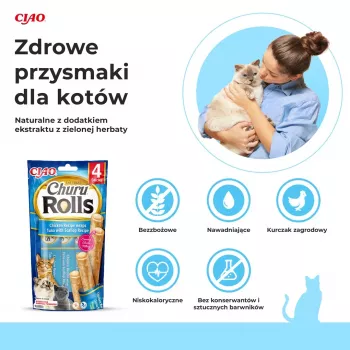 INABA Churu Rolls Chicken recepte ar tunci un ķemmīšgliemenēm - kārumi kaķiem - 4x10 g