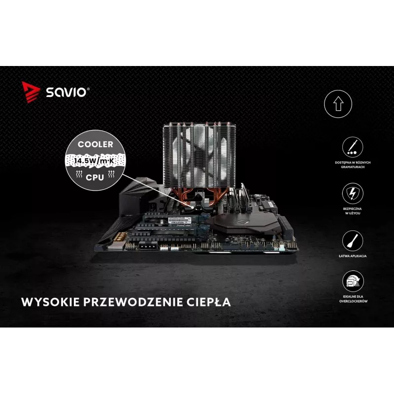 Termopasta SAVIO TG-04 2g — augstas veiktspējas CPU/GPU termopasta, blīvums 2,81 g/cm³, pelēka, 2 g