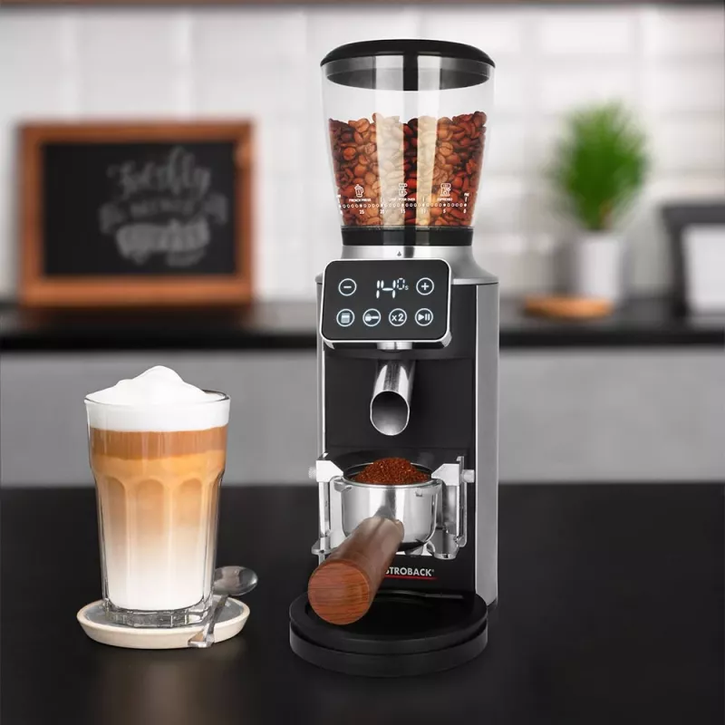 Burr coffee grinder GASTROBACK Design Pro Touch 30 — koniska dzirnakmens, 300 g tvertne, 150 W, melna/caurspīdīga