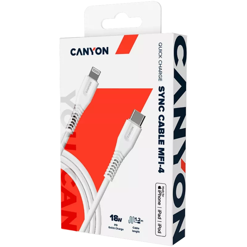 CANYON kabelis MFI-4 Type-C uz Lightning 1,2m Balts