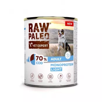 Mitrā suņu barība VETEXPERT Raw Paleo Cod Light Adult 800 g — konservēta, zivju garša, 11,3% olbaltumvielu, 1,7% tauku