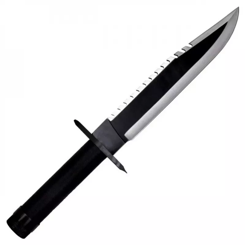 Nazis ar fiksētu asmeni izdzīvošanai, kino klasika Rambo I CC-H1 — 360 mm kopgarumā, 225 mm robains tērauda asmens, melna ādas maksts