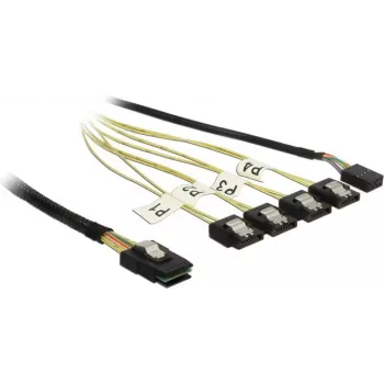 Iekšējais Mini SAS uz 4×SATA kabelis DELOCK 1 m — Mini SAS SFF-8087 uz 4×SATA 7-pin, melns/sudraba/dzeltens