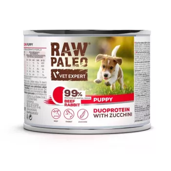 Mitrā suņu barība VETEXPERT RAW PALEO Duoprotein Beef & Rabbit Puppy 200 g, mitrums 82,1%, olbaltumvielas 9,8%, jaunsuņiem