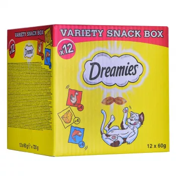 Cat treats Dreamies Cheese, Chicken, Salmon sortiments 12×60 g — meaty solid snacks, Protein 31%, Fat 21%