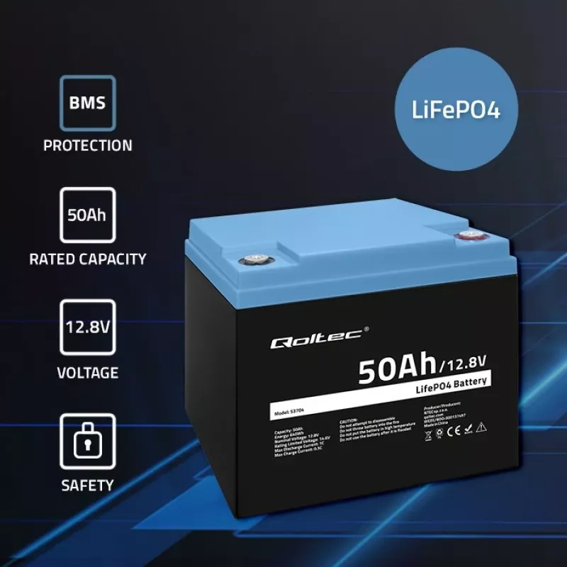 LiFePO4 akumulators QOLTEC 12.8V 50Ah (modelis 53704) rezerves barošanai un enerģijas uzglabāšanai
