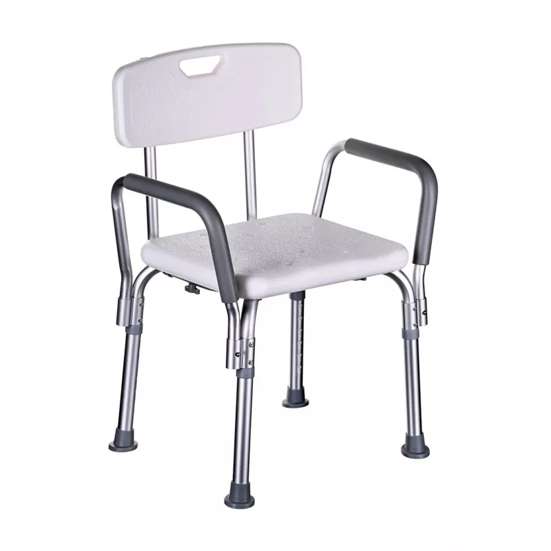 Dušas krēsls ActionMed KP300AM ar atzveltni un roku balstiem, polipropilēns, regulējams augstums 43–56 cm, sēdeklis 40×33 cm, maksimālais lietotāja svars 110 kg
