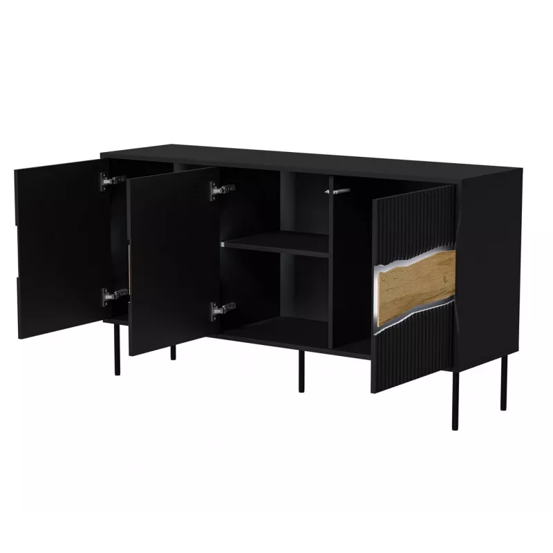 Kumode cama meble INSERTO 3D 143,5×40×80 cm melna ar LED, skaidu plātne, 16 mm rāmis