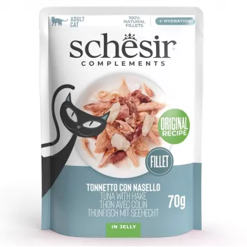 Mitrā kaķu barība Agras Pet Foods SCHESIR Tunzivs ar heku želejā, 70 g, bez graudaugiem, bez sojas un lipekļa