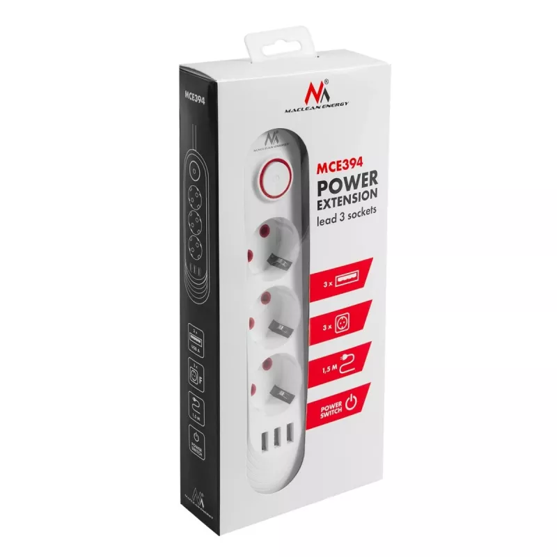 Strāvas sloksne MACLEAN MCE394W — 3 rozetes, 3×USB 2.1A, 110–240V AC, 2500W, 1,5 m kabelis, balta